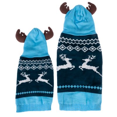 Two blue dog jumpers with reindeer and diamond pattern, brown antler appliqués on the hood, in different sizes.
