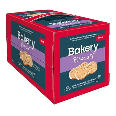 Verpakking van mera Bakery Biscuit, afbeelding van twee koekjes, tekst: '2 in 1: Beloning & Zahnpflege', 'Knackiger Snack mit Liebe gebacken', merknaam mera zichtbaar. Verpakking van mera Bakery Biscuit, afbeelding van twee koekjes, tekst: '2 in 1: Beloning & Zahnpflege', 'Knackiger Snack mit Liebe gebacken', merknaam mera zichtbaar.