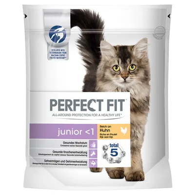Perfect Fit junior <1, rico en pollo. Total 5. Crecimiento sano, desarrollo óseo saludable, visión y desarrollo cerebral. Imagen de un gato joven en el envase. Perfect Fit junior <1, rico en pollo. Total 5. Crecimiento sano, desarrollo óseo saludable, visión y desarrollo cerebral. Imagen de un gato joven en el envase.