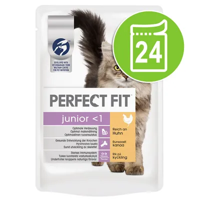 PERFECT FIT junior <1 kattemad, rig på kylling, 24 stk. Pakning viser tekst: Optimale Verdauung, Gesunde Entwicklung der Knochen, Starkes Immunsystem. Billede af kat.