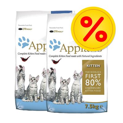 Två påsar Applaws Complete Kitten Food, 7,5 kg, med text: 'KITTTEN THE WORLD'S FIRST 80% CHICKEN DRY KITTEN FOOD', 270 MEALS och stor gul rabatt-symbol med procenttecken.