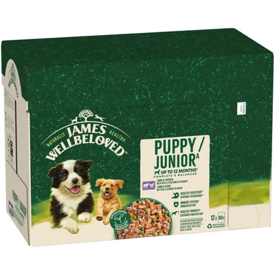 James Wellbeloved Puppy/Junior up to 12 months, lamb & chicken with rice and vegetables in sauce, 12 x 90g, healthy digestion, immune system, healthy growth, recyclable packaging. James Wellbeloved Puppy/Junior up to 12 months, lamb & chicken with rice and vegetables in sauce, 12 x 90g, healthy digestion, immune system, healthy growth, recyclable packaging.