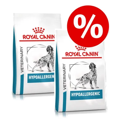 Zwei Royal Canin Veterinary Hypoallergenic Futtersäcke mit Hundemotiv, rotes Prozentzeichen für Rabattaktion sichtbar.