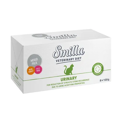 Smilla Veterinary Diet Urinary, pack misto com peru e vitela, 8x100g. Desenvolvido com veterinários para reduzir cálculos de estruvite devido a propriedades acidificantes da urina.