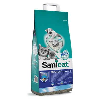 Sanicat Multicat klumpande kattsand, 12L, med extra luktkontroll, Total Protection, Low Tracking, dammfri, Fresh Air-doft.