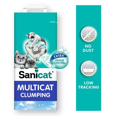 Sanicat Multicat Clumping cat litter, Fresh Air scent, extra odour control, dust-free and low tracking.