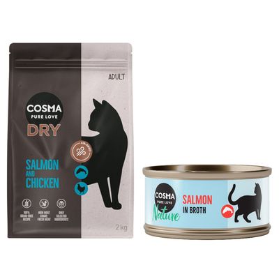 Cosma Kombi-Paket: Trockenfutter + Nature Nassfutter 2 x 2 kg Lachs & Huhn + 24 x 70 g Lachs