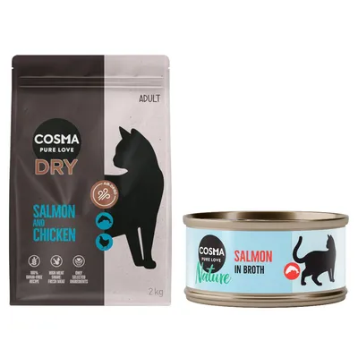 Cosma Kombi-Paket: Trockenfutter + Nature Nassfutter - 2 x 2 kg Lachs & Huhn + 24 x 70 g Lachs Cosma Kombi-Paket: Trockenfutter + Nature Nassfutter - 2 x 2 kg Lachs & Huhn + 24 x 70 g Lachs