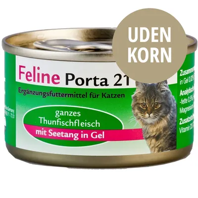 Feline Porta 21 kattemad dåse, tekst: Ergänzungsfuttermittel für Katzen, ganzes Thunfischfleisch mit Seetang in Gel, UDEN KORN. Billede af kat på emballagen.