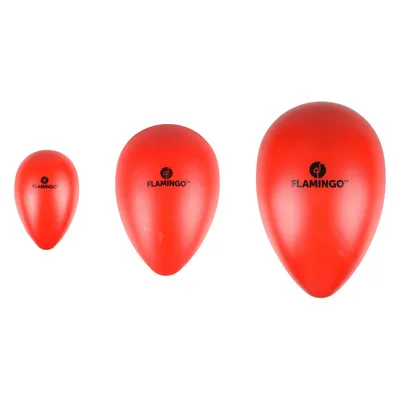 Three red drop-shaped toys with Flamingo logo, shown in small, medium and large sizes.
