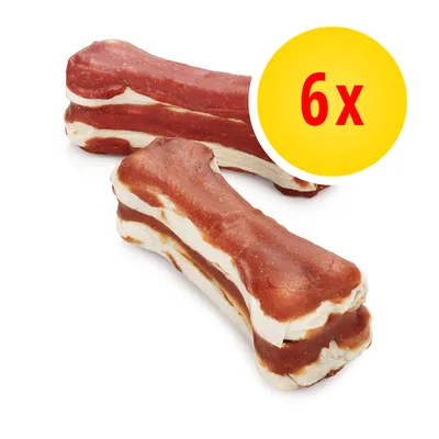 Os à mâcher pour chien, lot de 6 pièces, aspect bicolore rouge et blanc. Quantité indiquée : 6x sur pastille jaune.