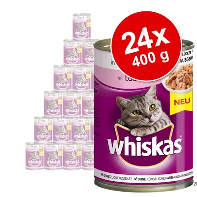 Whiskas karma dla kotów, zestaw 24 puszek po 400 g. Widoczny napis: NEU, bez dodatku cukru, bez sztucznych barwników i aromatów.