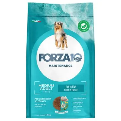 FORZA10 Maintenance Medium Adult 11–35 kg, rijk aan vis, 12 kg. Tekst: pochi ingredienti selezionati, rich in Fish, ricco in Pesce, no coloring – no GMOs. FORZA10 Maintenance Medium Adult 11–35 kg, rijk aan vis, 12 kg. Tekst: pochi ingredienti selezionati, rich in Fish, ricco in Pesce, no coloring – no GMOs.