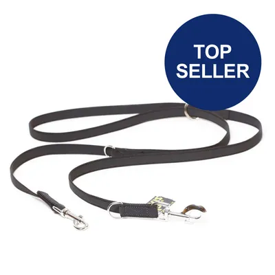 Schwarze Hundeleine mit Metallkarabinern und D-Ring, blauer Kreis mit Text 'Top Seller'. Schwarze Hundeleine mit Metallkarabinern und D-Ring, blauer Kreis mit Text 'Top Seller'.