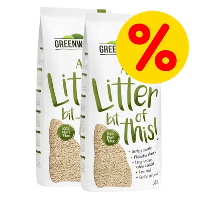 Greenwood Katzenstreu, 100% Pflanzenfasern, biologisch abbaubar, spülbare Klumpen, langanhaltende Geruchskontrolle, wenig Staub, sanft zu Pfoten. Rabatt-Symbol sichtbar.
