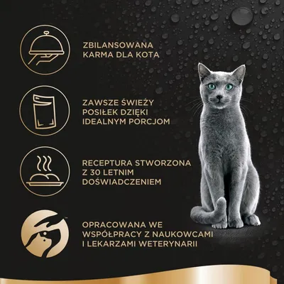 Zbilansowana karma dla kota, zawsze świeży posiłek dzięki idealnym porcjom, receptura z 30-letnim doświadczeniem, opracowana z naukowcami i lekarzami weterynarii.