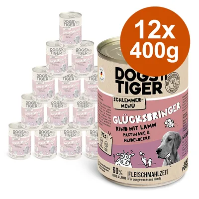 Dogs'n Tiger Schlemmer-Menü Glücksbringer, Rind mit Lamm, Pastinake und Heidelbeere. Packung: 12x400g. 60% Fleischanteil, geeignet für ausgewachsene Hunde.