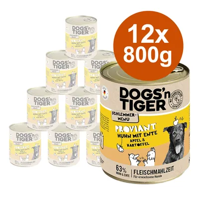 Dogs'n Tiger Schlemmer-Menü Proviant Huhn mit Ente, Apfel & Kartoffel, 63% Fleischanteil. Packung: 12x 800g für erwachsene Hunde.