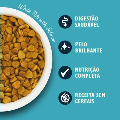 Ração seca numa taça branca. Texto visível: White Fish with Salmon, Digestão saudável, Pelo brilhante, Nutrição completa, Receita sem cereais.