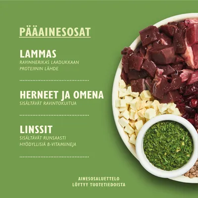 PÄÄAINEOSAT: lammas – ravinnerikas laadukkaan proteiinin lähde, herneet ja omena – sisältävät ravintokuitua, linssit – sisältävät runsaasti hyödyllisiä B-vitamiineja.
