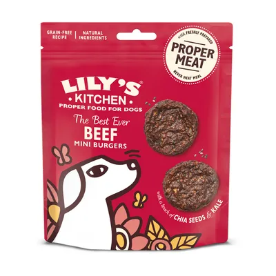 Embalagem Lily's Kitchen Proper Food for Dogs The Best Ever Beef Mini Burgers, receita sem cereais, ingredientes naturais, com carne verdadeira, sementes de chia e couve kale visíveis. Embalagem Lily's Kitchen Proper Food for Dogs The Best Ever Beef Mini Burgers, receita sem cereais, ingredientes naturais, com carne verdadeira, sementes de chia e couve kale visíveis.