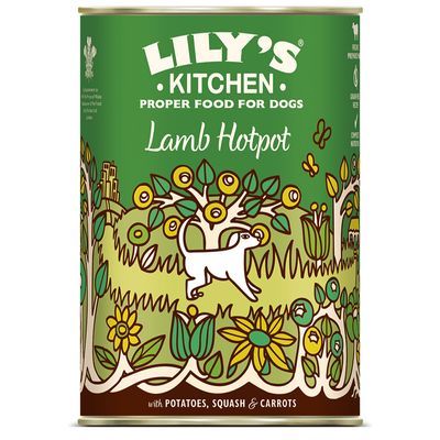 Lily's Kitchen Proper Food for Dogs Lamb Hotpot, met aardappelen, pompoen en wortels. Tekst op blik zichtbaar in het Engels.