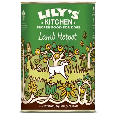 Lily's Kitchen Proper Food for Dogs Lamb Hotpot, met aardappelen, pompoen en wortels. Tekst op blik zichtbaar in het Engels.
