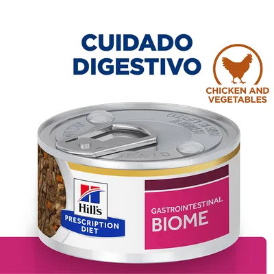 Hill's Prescription Diet Gastrointestinal Biome, lata con texto 'Cuidado digestivo' y 'Chicken and vegetables'. Alimento húmedo para mascotas visible en la etiqueta. Hill's Prescription Diet Gastrointestinal Biome, lata con texto 'Cuidado digestivo' y 'Chicken and vegetables'. Alimento húmedo para mascotas visible en la etiqueta.