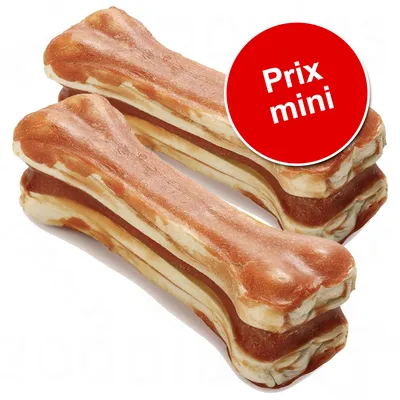 Os à mâcher superposés, avec pastille rouge affichant le texte « Prix mini » en blanc. Os à mâcher superposés, avec pastille rouge affichant le texte « Prix mini » en blanc.