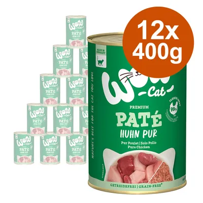 Wow Cat Premium Paté Kyckling Pur, spannmålsfri, Made in Germany, 12x400g burkar. Köttandel 99%.