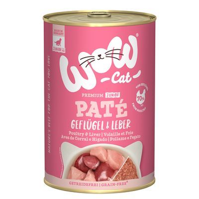 WOW Cat Premium Junior Paté Geflügel & Leber, 70% gevogelte, graanvrij. Blik kattenvoer met afbeelding van paté en stukjes vlees. Tekst in Duits en Engels zichtbaar.