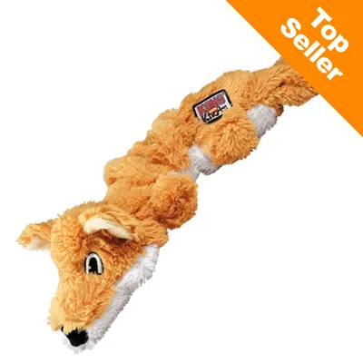 KONG Wild Knots pluche hondenspeelgoed in de vorm van een vos, label met merknaam zichtbaar. Oranje hoek met witte tekst: Top Seller.