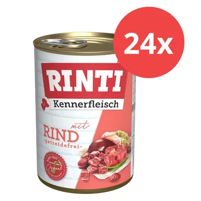 RINTI Kennerfleisch mit Rind, getreidefrei, 24x Dose abgebildet. Aufdruck: RINTI seit 1983 Original.
