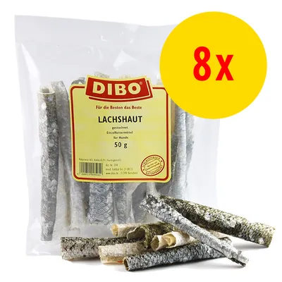 DIBO LACHSHAUT tørret, enkeltfodermiddel til hunde, 50 g. Pakke med 8 stk synligt markeret på gul cirkel. Tekst på tysk: Für die Besten das Beste.
