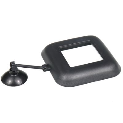 Black plastic frame with suction cup, rectangular opening. Accessory for aquariums or similar uses.
