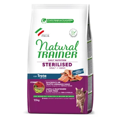 Natural Trainer Sterilised Adult >1 Anno, croquettes pour chat avec truite, 1,5 kg. Favorise un tractus urinaire sain, aide à maintenir le poids, ingrédients naturels, sans colorants ni sucres ajoutés. Natural Trainer Sterilised Adult >1 Anno, croquettes pour chat avec truite, 1,5 kg. Favorise un tractus urinaire sain, aide à maintenir le poids, ingrédients naturels, sans colorants ni sucres ajoutés.