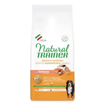 Zak Natural Trainer hondenvoer, specialty nutrition, sensitive monoproteico animale, met zalm, 12 kg. Tekst: aiuta la digestione, afbeelding van hond en zalm zichtbaar.