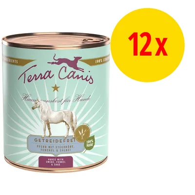 Konzerva Terra Canis, nápis GETREIDEFREI, 100% Natur, Horse with swede, fennel & sage, balení 12×. Text v němčině a angličtině.
