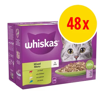 Whiskas Mixed Menu in jelly, 48 pack. Includes beef, chicken, salmon and tuna varieties. High quality, 100% ingredients. All of your cat’s daily needs.
