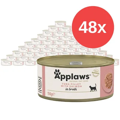 48× konzerv Applaws Tuna Fillet with Salmon in broth, 156 g. Na etiketě: 100% natural ingredients, Certified B Corporation.