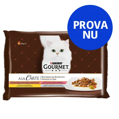 Purina Gourmet A la Carte kattmat, 4x85 g. Stor vit katt på förpackningen, bild på serverad mat. Blå cirkel med texten PROVA NU. Purina Gourmet A la Carte kattmat, 4x85 g. Stor vit katt på förpackningen, bild på serverad mat. Blå cirkel med texten PROVA NU.