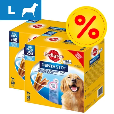 Pedigree Dentastix Big Pack x56, två förpackningar med bild på hund och tuggpinnar. Storlek L anges med ikon. Gul cirkel med röd procenttecken visar erbjudande.