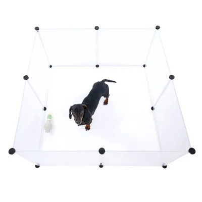 Transparenter Laufstall mit schwarzen Verbindungselementen, darin ein kleiner Hund und ein Spielzeug. Geeignet für die sichere Begrenzung von Haustieren.