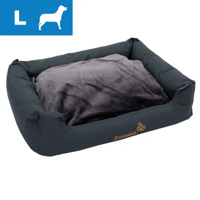 Hundeseng i sort stof med grå pude, størrelse L vist i øverste venstre hjørne med hvidt hundesymbol og bogstavet L. Tekst på kanten: Zzzzzzzz... med måne og stjerner.