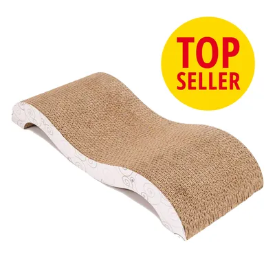 Bølgeformet kradsebræt i bølgepap med hvid kant og mønster. Gul cirkel med rød tekst: TOP SELLER.