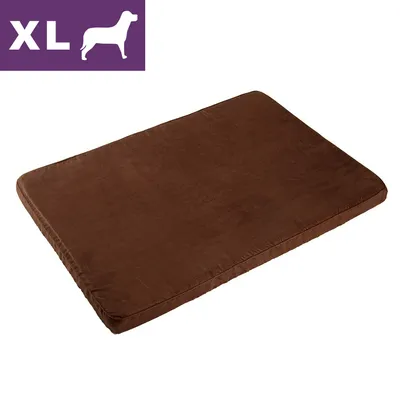 Brun rektangulær hundemadras i stof, størrelse XL vist med hvid tekst og silhuet af hund øverst til venstre.