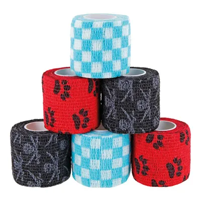 Sechs selbsthaftende Bandagen in verschiedenen Farben und Mustern: Blau kariert, Rot mit Pfotenabdrücken, Schwarz mit floralen Motiven.
