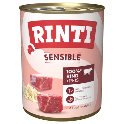 Κονσέρβα Rinti Sensible. Ορατό κείμενο: 100%* Rind + Reis, nur 1 tierisches Protein, glutenfrei – optimal verträglich, *im Fleischanteil. Εικόνες βοδινού και ρυζιού.