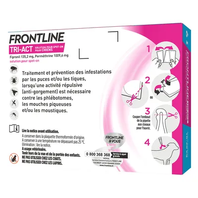 FRONTLINE TRI-ACT solution pour spot-on chiens, Fipronil 135,2 mg, Perméthrine 1009,6 mg. Traitement et prévention des infestations par puces, tiques, phlébotomes, mouches, moustiques.