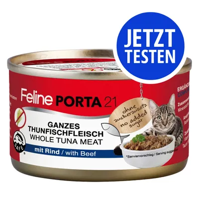 Feline Porta 21, Ganzes Thunfischfleisch mit Rind. Ergänzungsfutter ohne Zuckerzusatz. Jetzt testen.